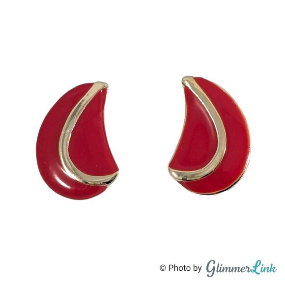 Vintage 80s Crescent Teardrop Red Enamel Gold Tone Clip On Earrings - Picture 1 of 10